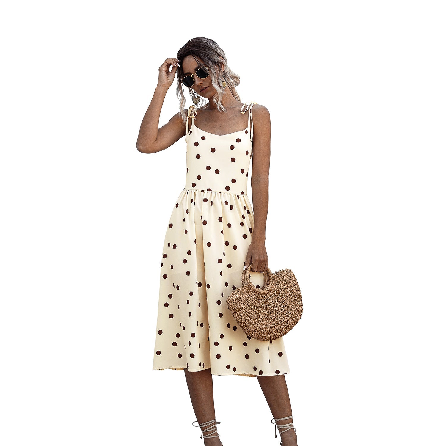 Damen Midi-Kleid mit Punkte-Design und verstellbaren Trägern WW