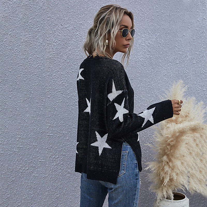 Damen Strickpullover mit Sternen-Design und V-Ausschnitt WW