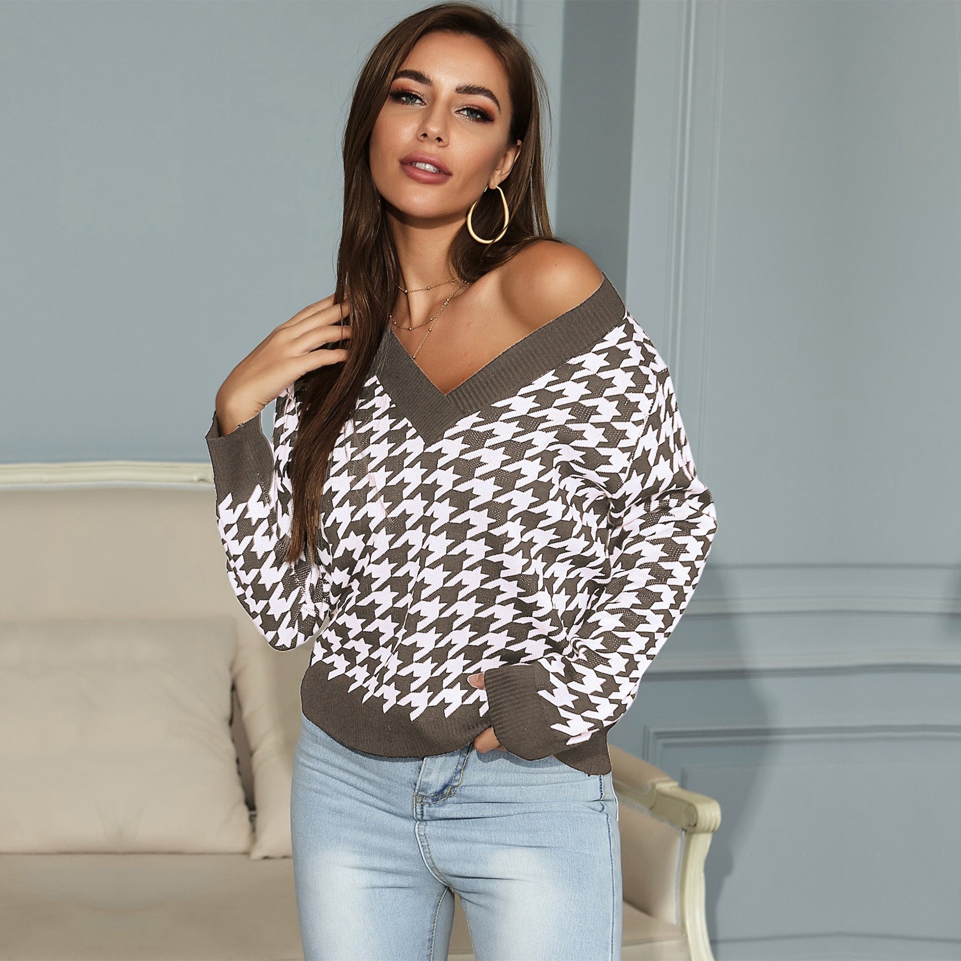 Damen Oversized Pullover mit modernem Hahnentrittmuster und tiefem V-Ausschnitt WW