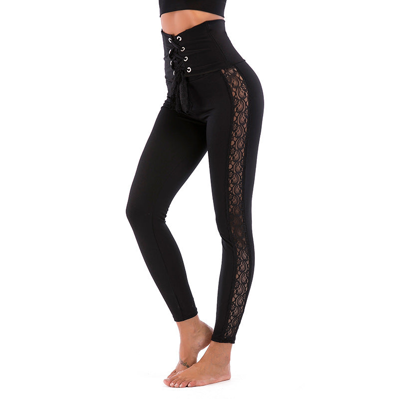 Damen Sportliche High-Waist Leggings mit verstellbarem Kordelzug und transparenten Einsätzen WW