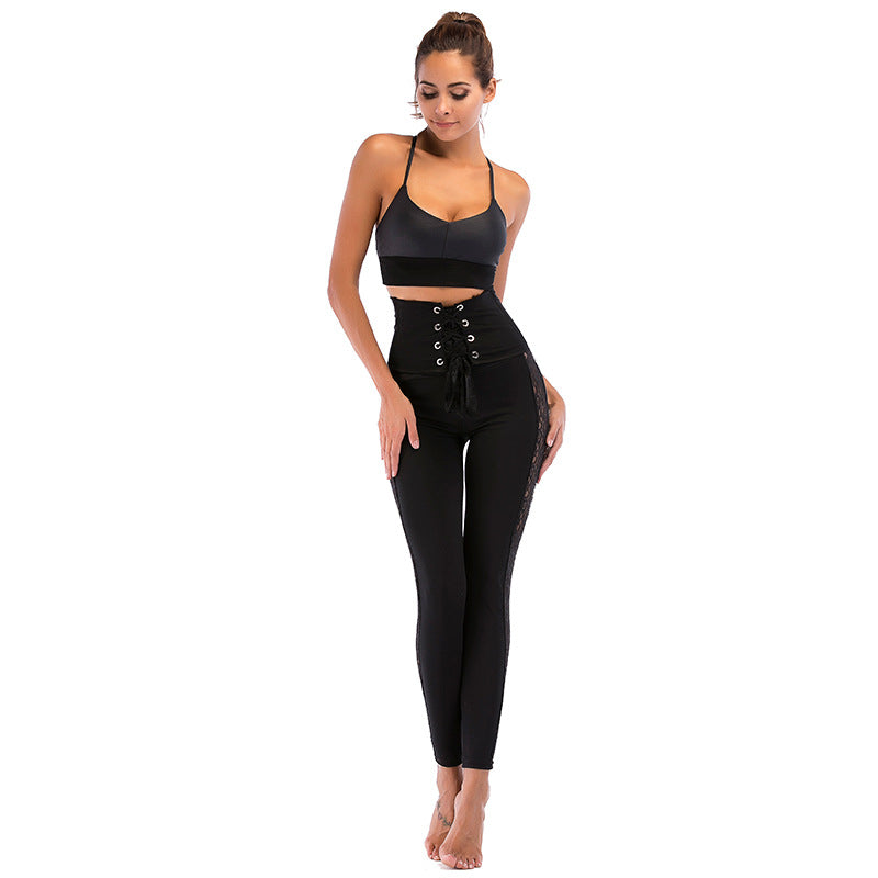 Damen Sportliche High-Waist Leggings mit verstellbarem Kordelzug und transparenten Einsätzen WW