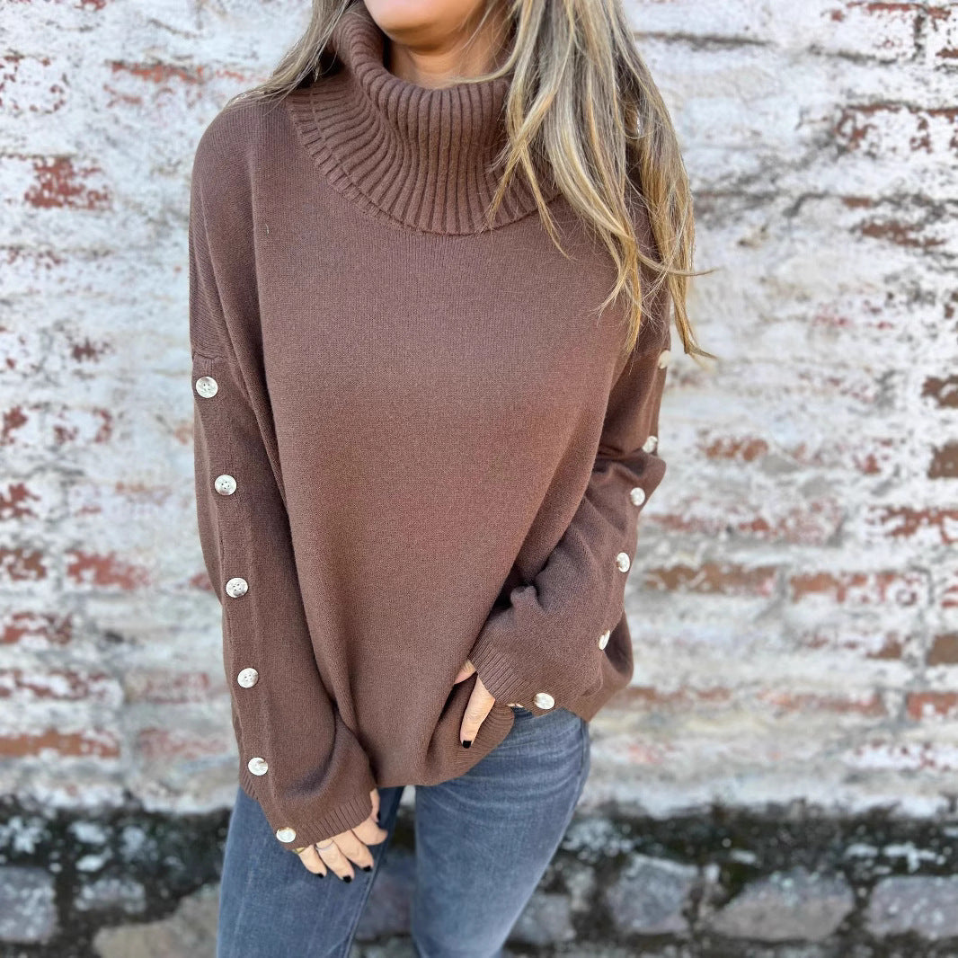 Damen weicher Rollkragenpullover mit modischen Knopfdetails WW