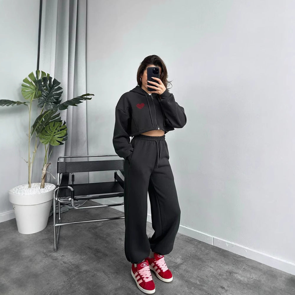 Damen lässiger Kapuzencropped-Pullover und Jogginghose Set mit hohem Bund WW