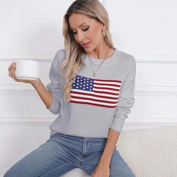 Damen Strickpullover mit Flaggenmotiv und lässigem Schnitt WW