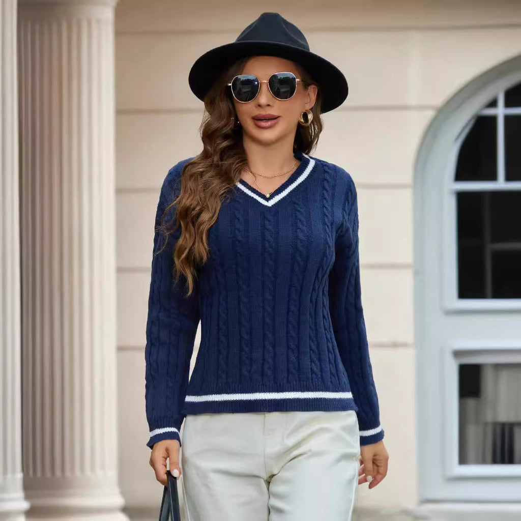 Damen Strickpullover mit V-Ausschnitt und klassischem Zopfdesign WW