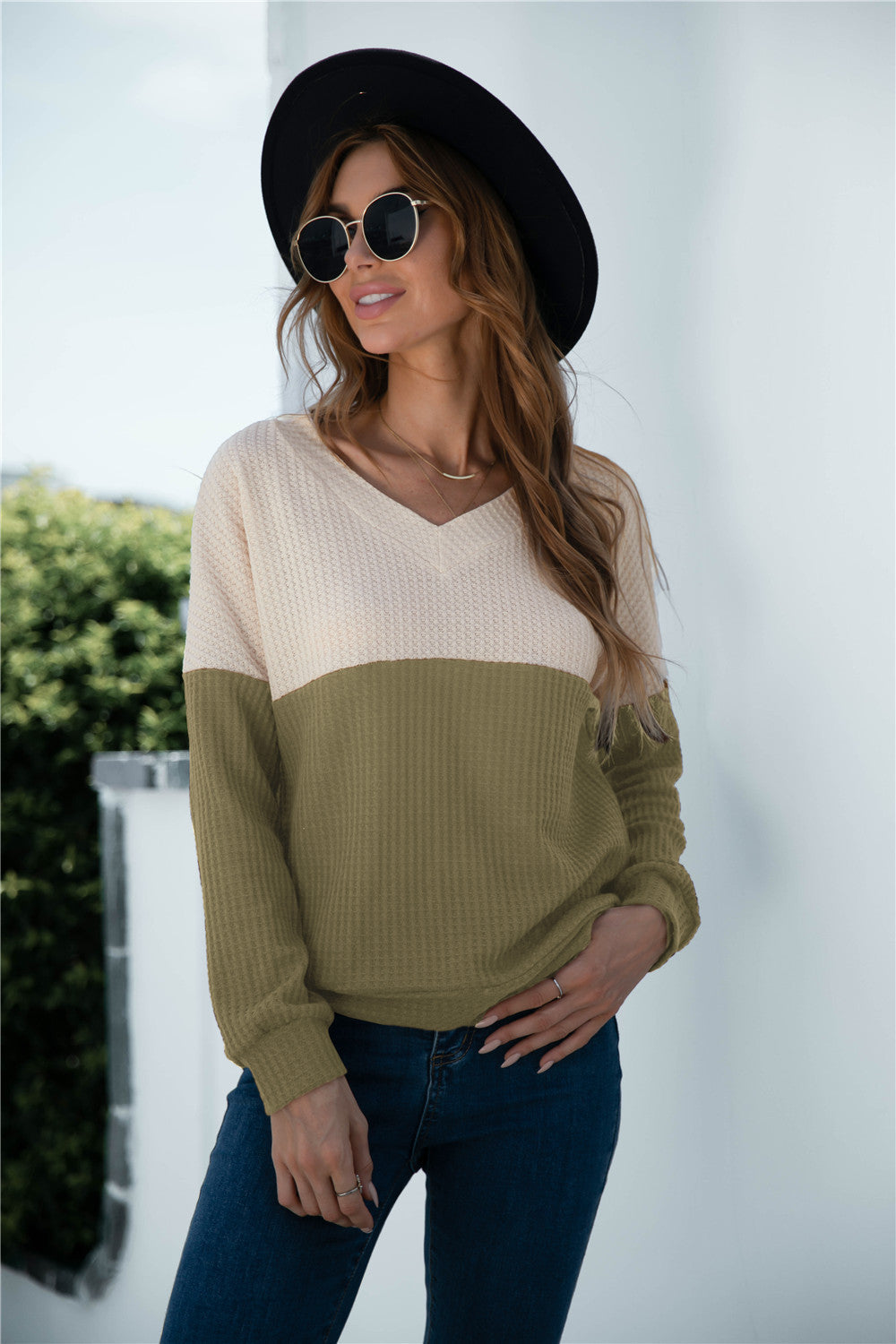 Damen lässiger V-Ausschnitt Pullover im trendigen Waffel-Design mit langen Ärmeln WW