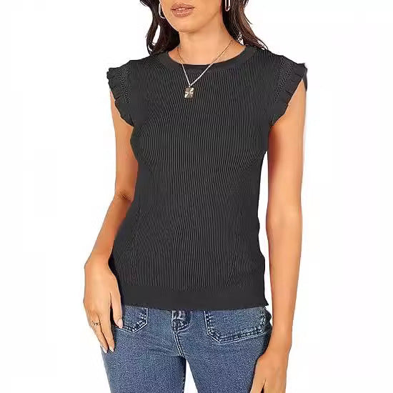 Damen figurbetontes Ripp-Shirt mit Rüschen WW