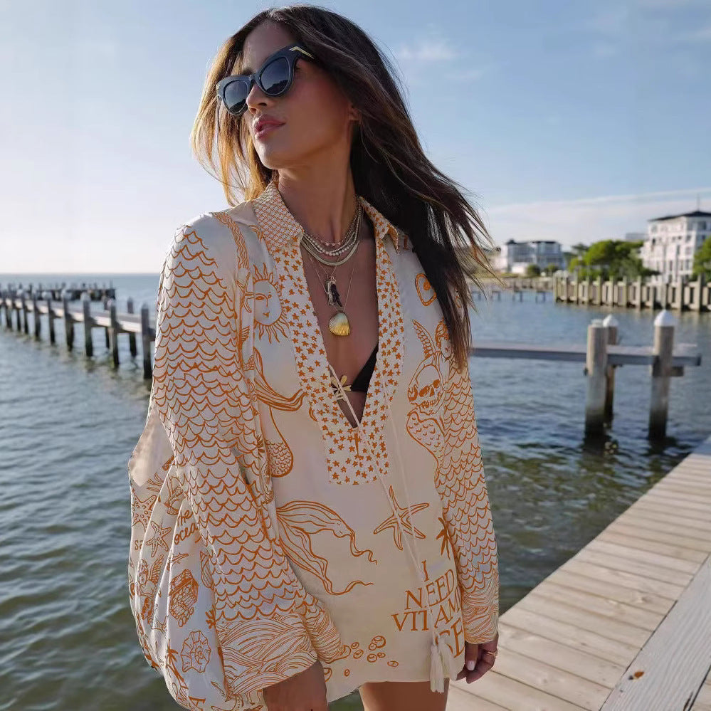 Damen luftige Strandbluse mit einzigartigen Muster-Details WW