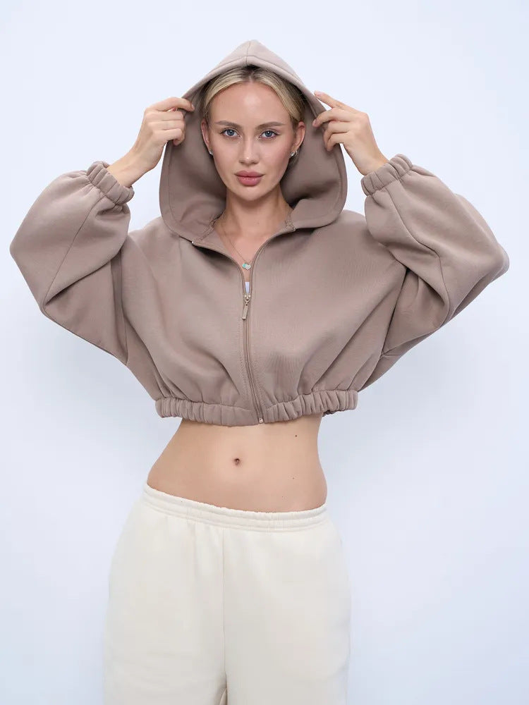 Damen cropped Kapuzenpullover mit oversized Ärmel WW