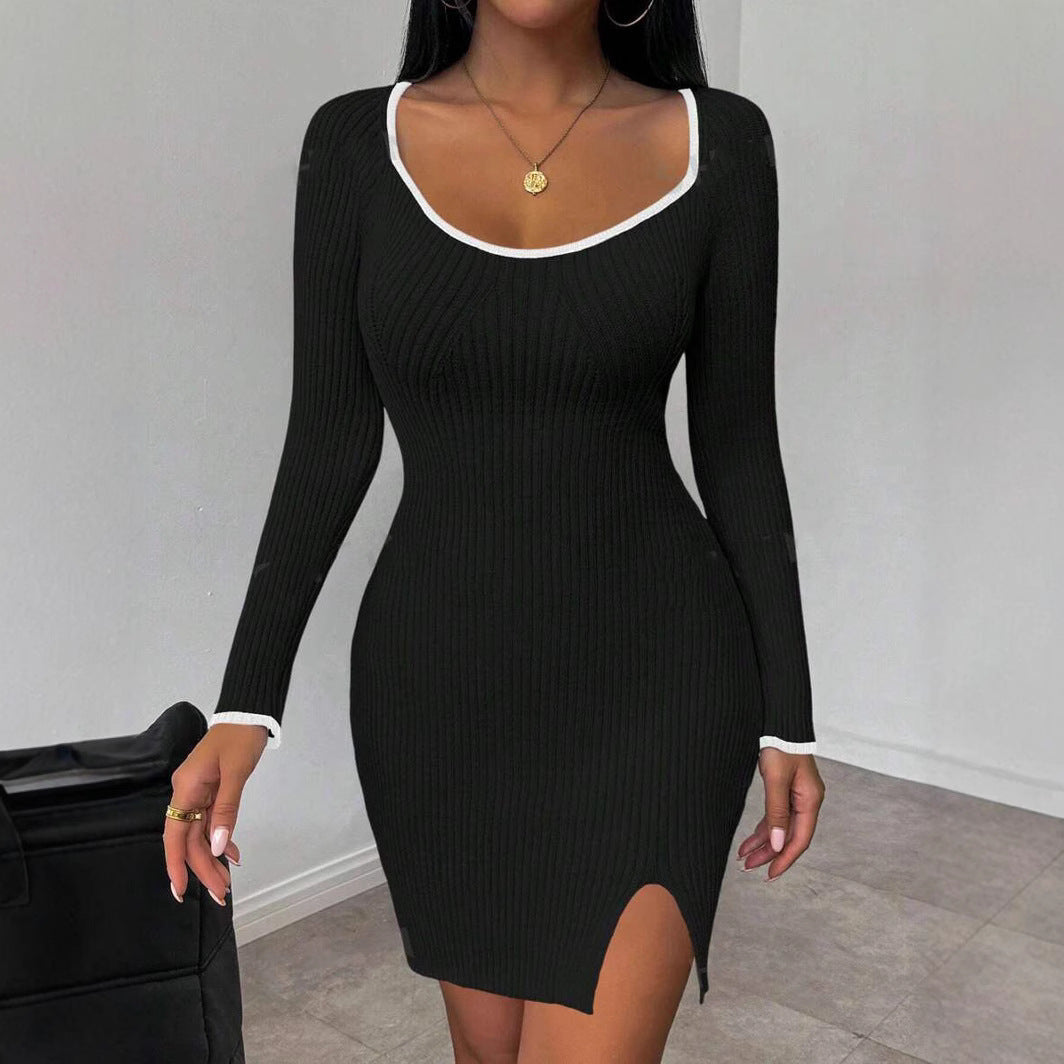 Damen Strickkleid mit schmalem Schnitt und raffiniertem Ausschnitt WW