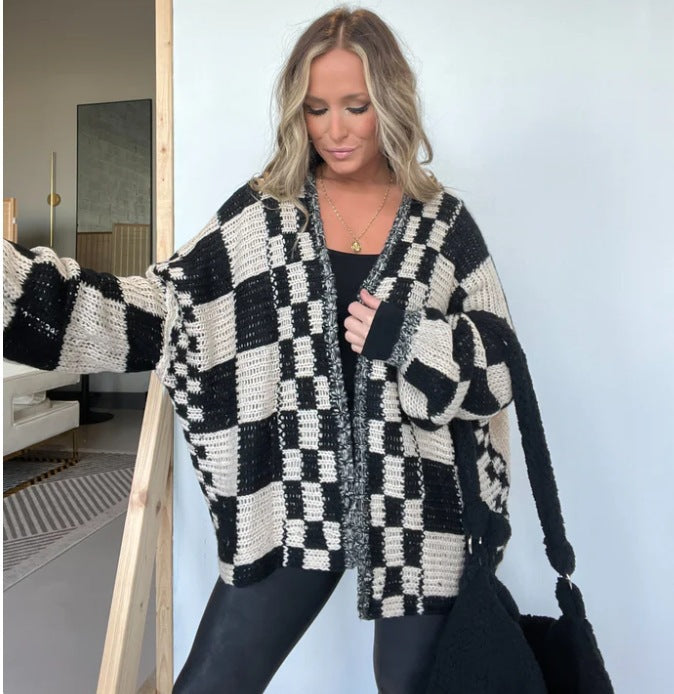 Damen lässiger Strickcardigan mit Karomuster und oversized Schnitt WW