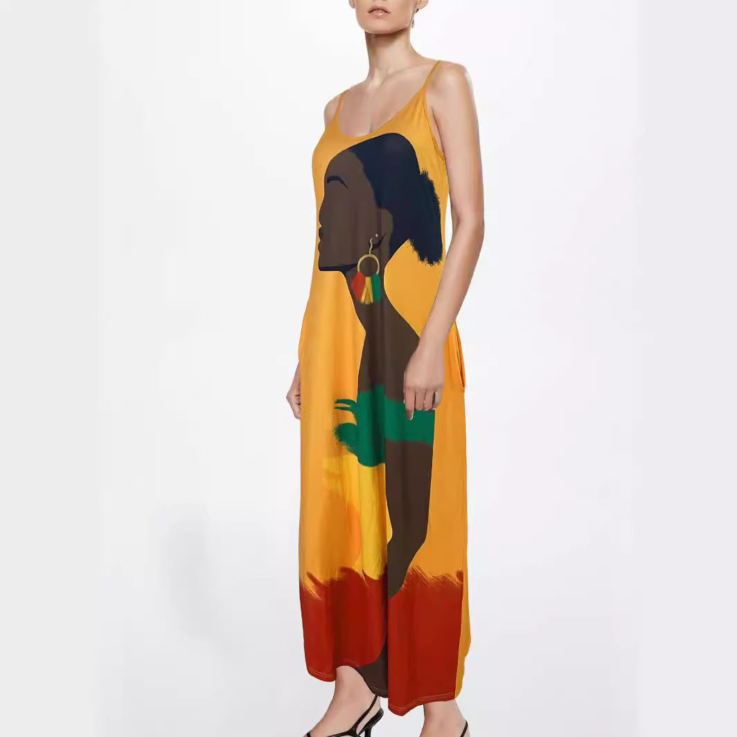 Damen Maxikleid mit künstlerischem African-Design und praktischen Taschen WW