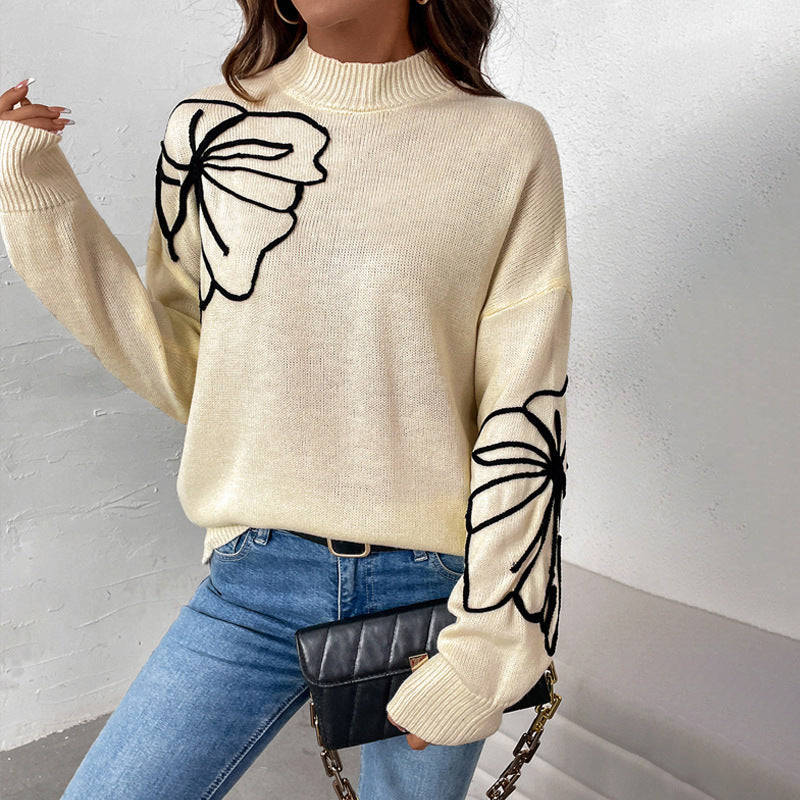 Damen modischer Strickpullover mit floralen Akzenten und hochgeschlossenem Kragen WW