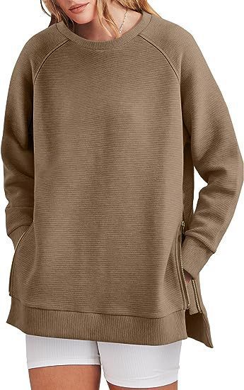 Damen lässiger Sweatshirt mit Seitentaschen und Reißverschluss WW