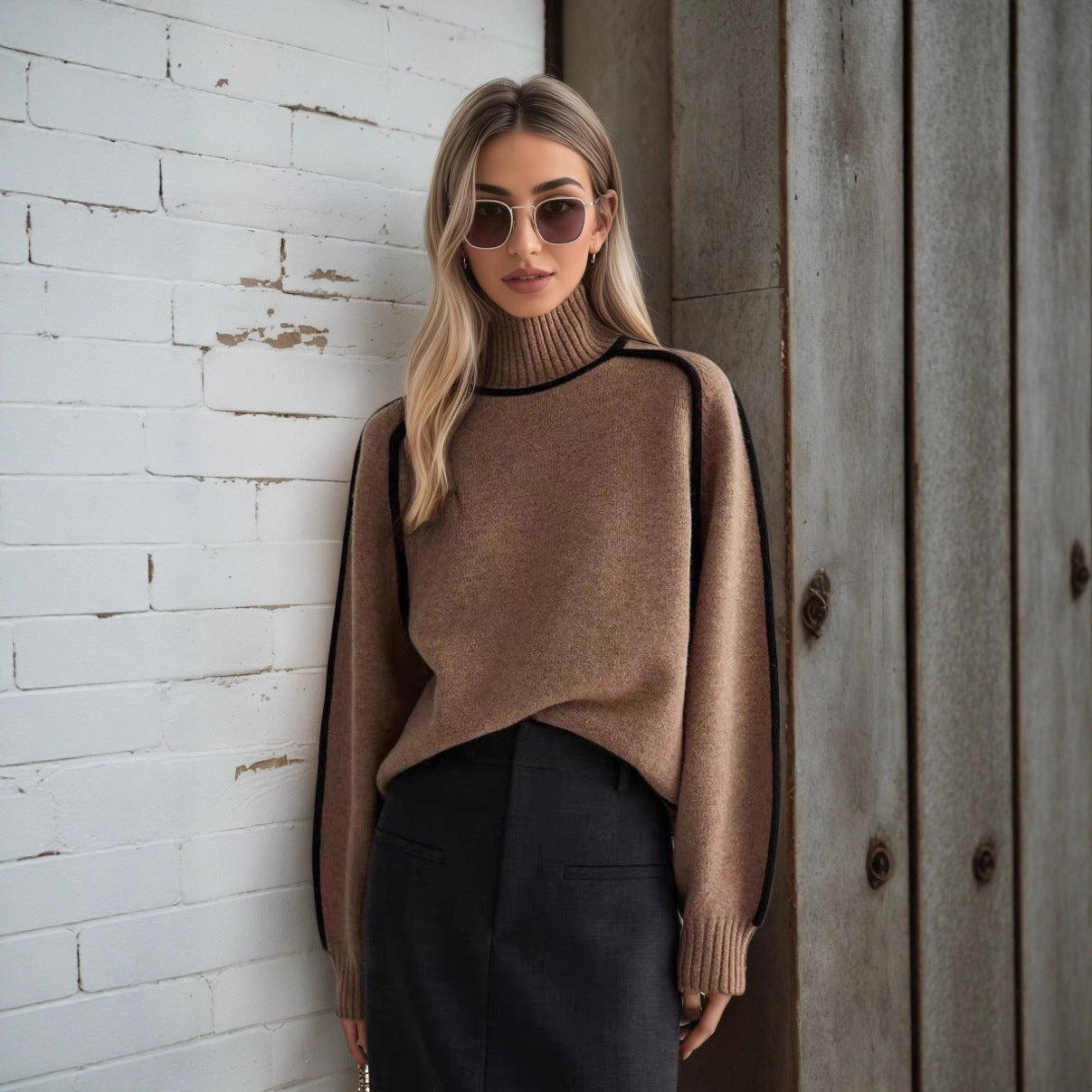 Damen Pullover mit hohem Kragen und Volumenärmeln WW
