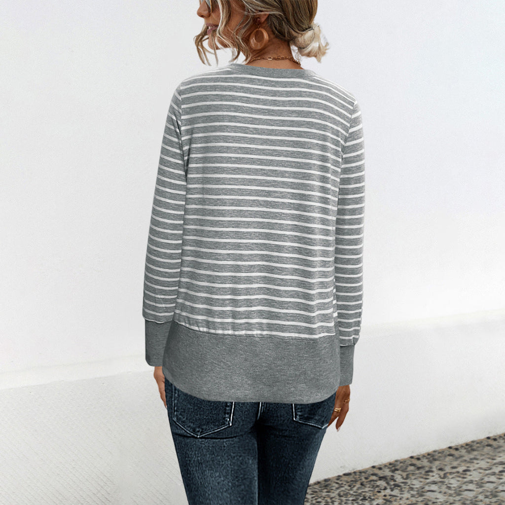 Damen Langärmliger Strickpullover mit V-Ausschnitt und Streifenmuster WW