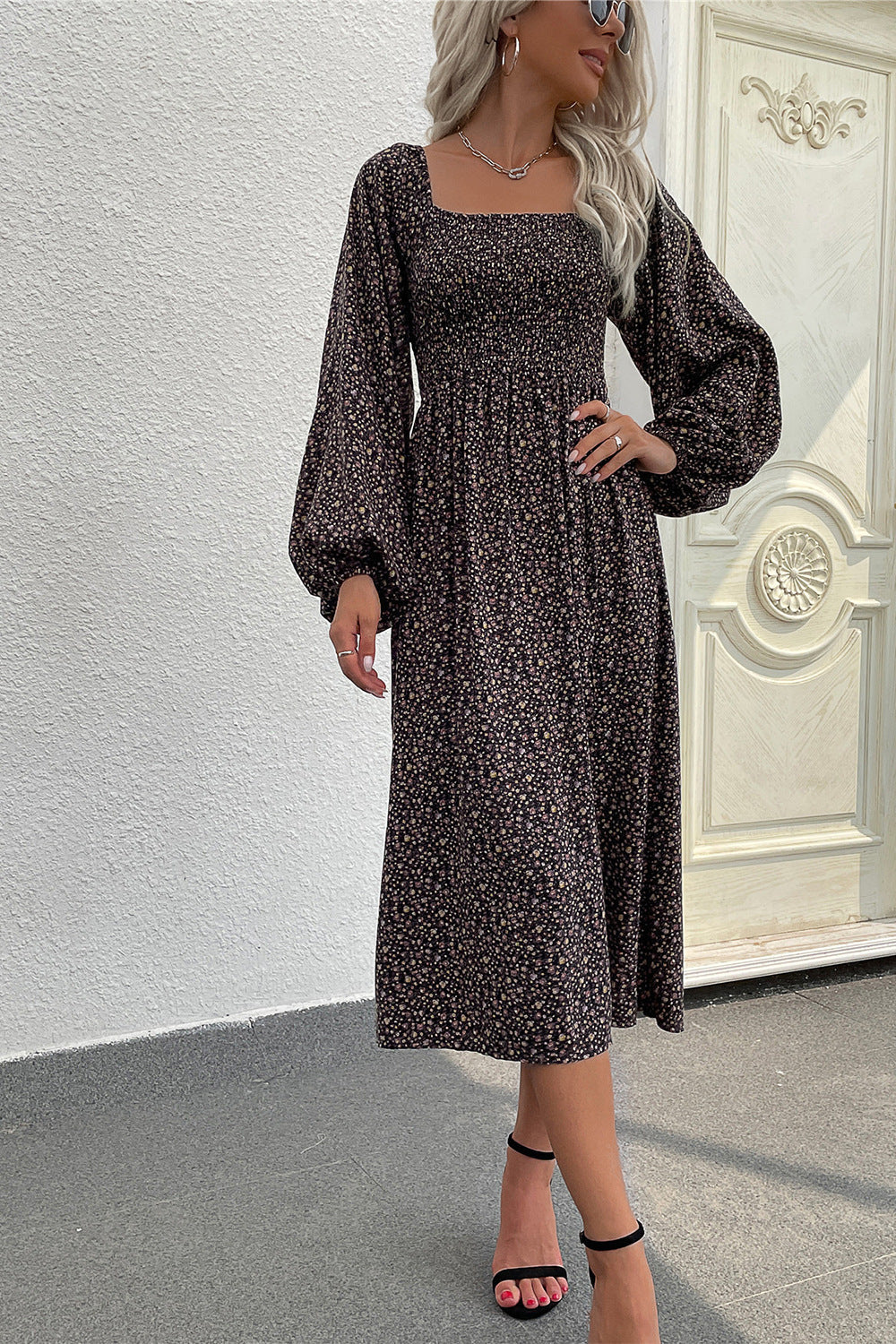 Damen Midi-Kleid mit weitem Ärmel und charmantem Blumenmuster WW