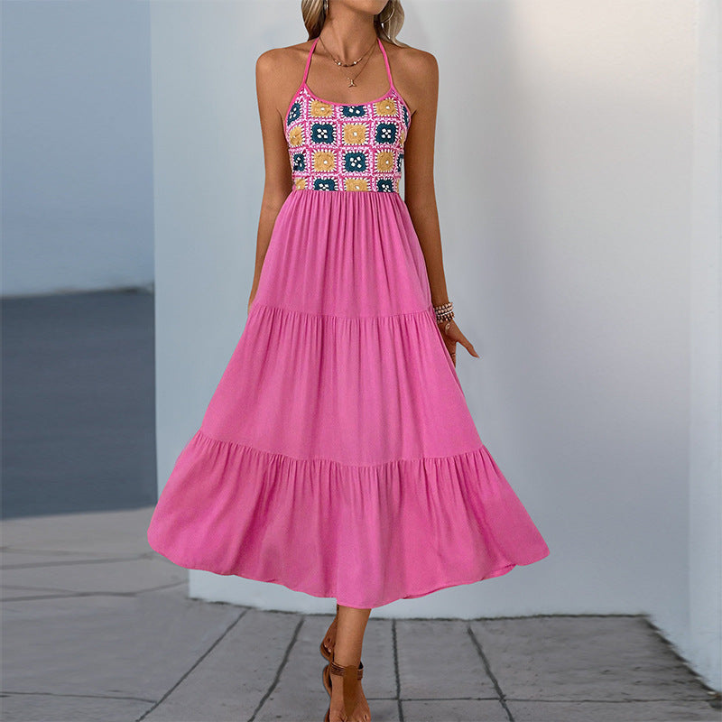 Damen Maxikleid mit buntem Häkeloberteil und asymmetrischem Saum WW