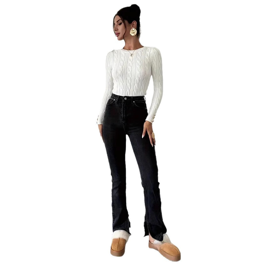 Damen Grobstrick Pullover mit dekorativen Knopfdetails WW