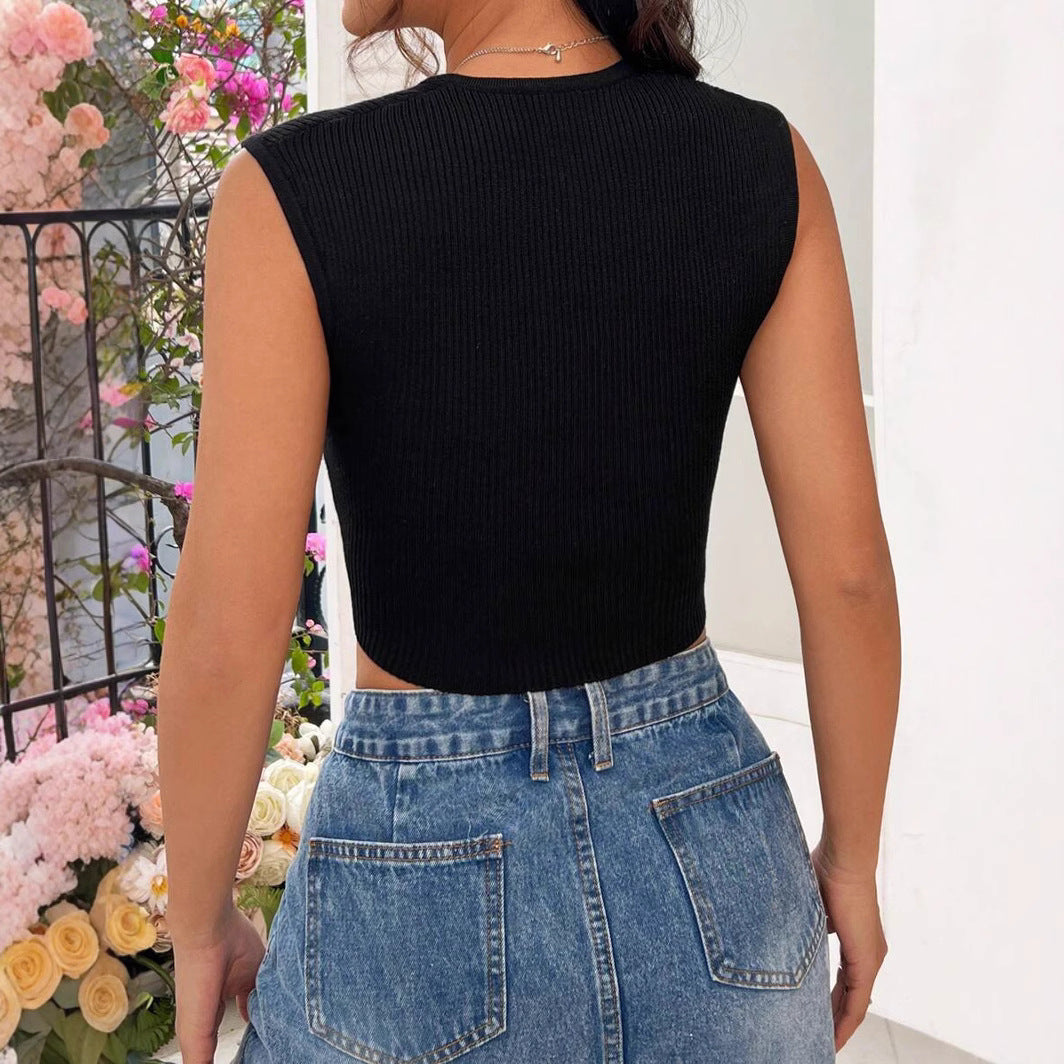 Damen figurbetontes Ripp-Crop-Top mit V-Ausschnitt und breiten Trägern WW