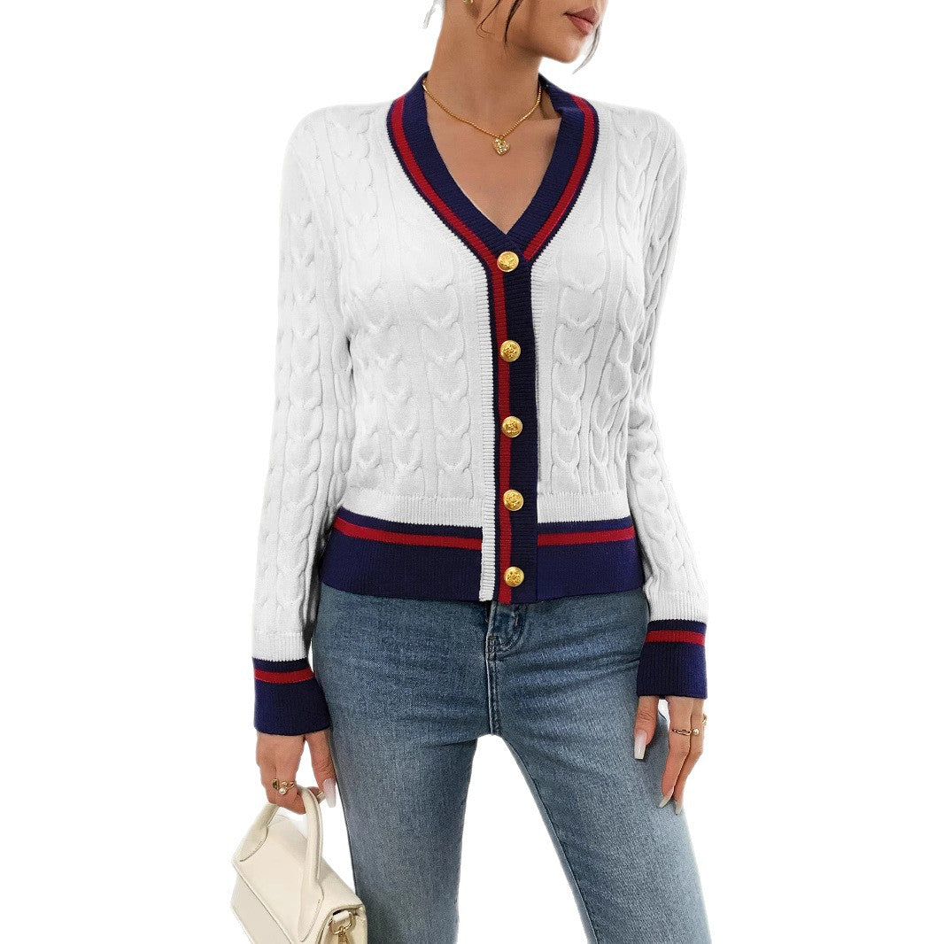Damen modische Strickjacke mit strukturiertem Zopfdesign und Kontrastbündchen WW
