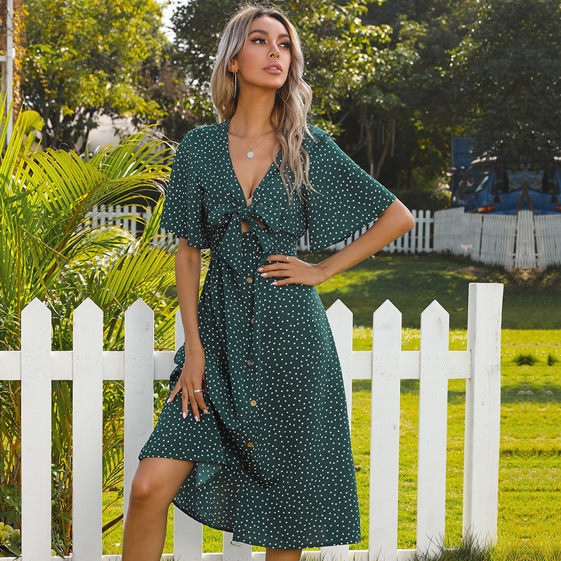 Damen Midi-Kleid mit schickem Bindeband und blumigen Knopfdetails WW