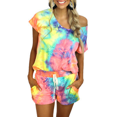 Damen lässiger Einteiler mit asymmetrischem Schnitt und buntem Batikdesign WW
