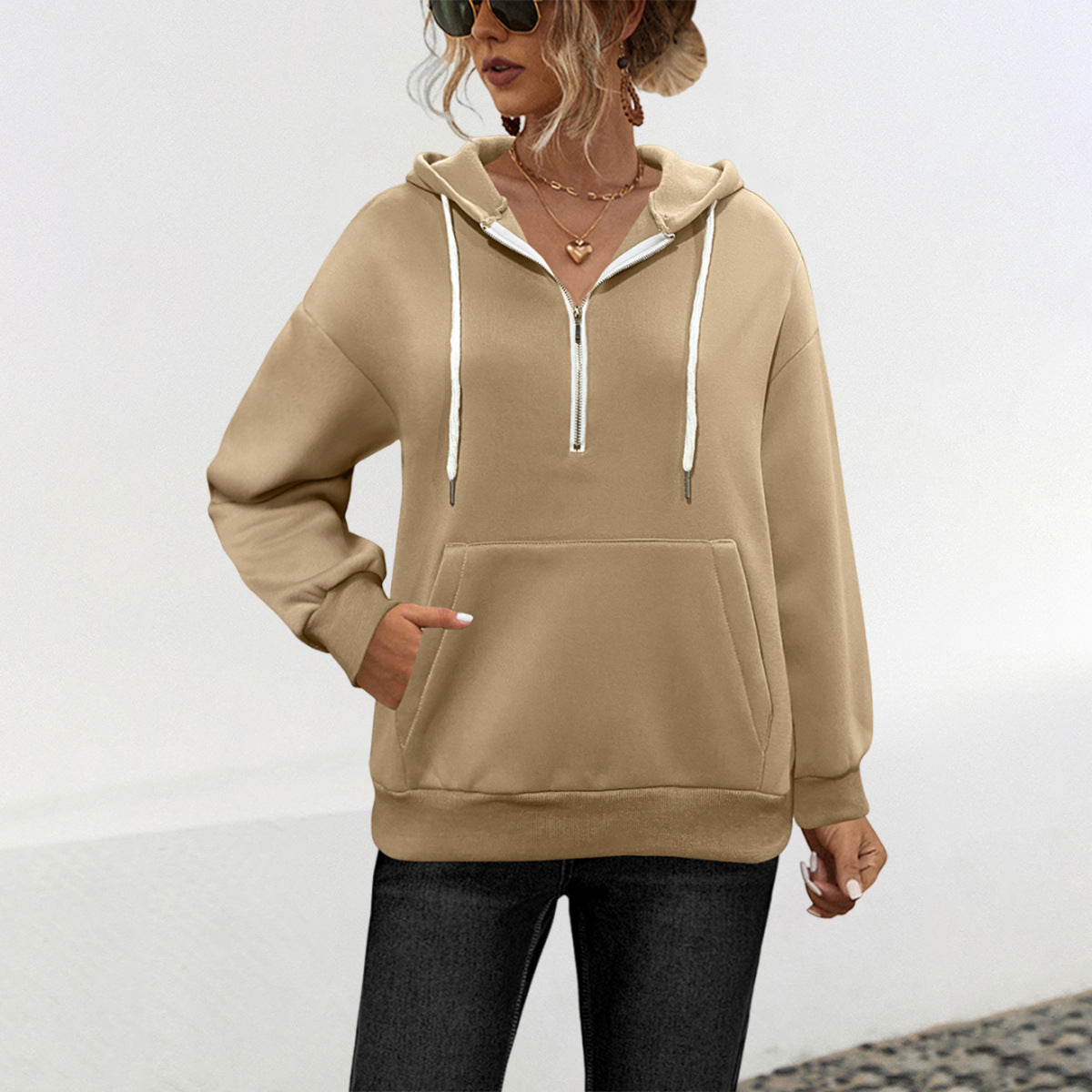 Damen Kapuzenpullover mit halbem Reißverschluss und Kängurutasche WW
