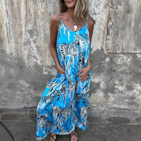 Damen Maxikleid mit einzigartigem Tiermuster und verstellbaren Trägern WW