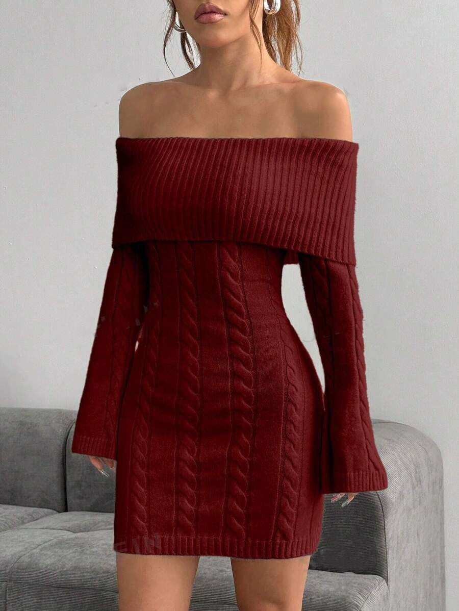Damen Off-Shoulder Strickkleid mit Zopfmuster und voluminösen Ärmeln WW