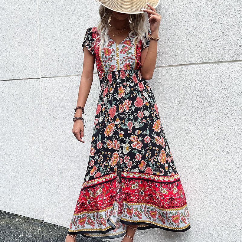 Damen Maxikleid mit floralem Design und elastischem Taillenband WW