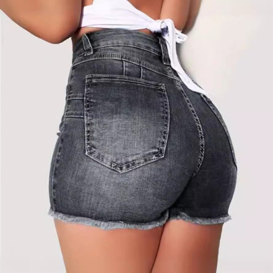 Damen Jeans-Shorts mit hohem Bund und ausgefranstem Saum WW