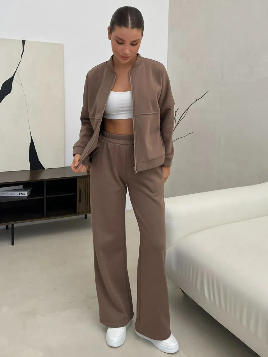 Damen lässiges Fleece-Set mit Oversized Jacke und weit geschnittenen Hosen WW