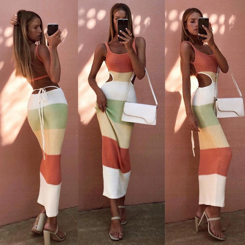 Damen Maxi-Rock mit einzigartigem Cut-Out-Design und Streifenmuster WW