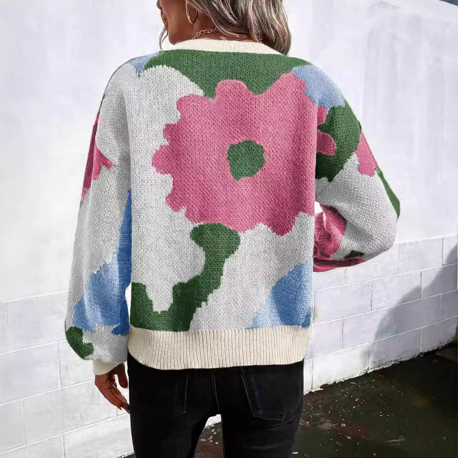 Damen modischer Pullover mit floralem Muster und weiten Ärmeln WW
