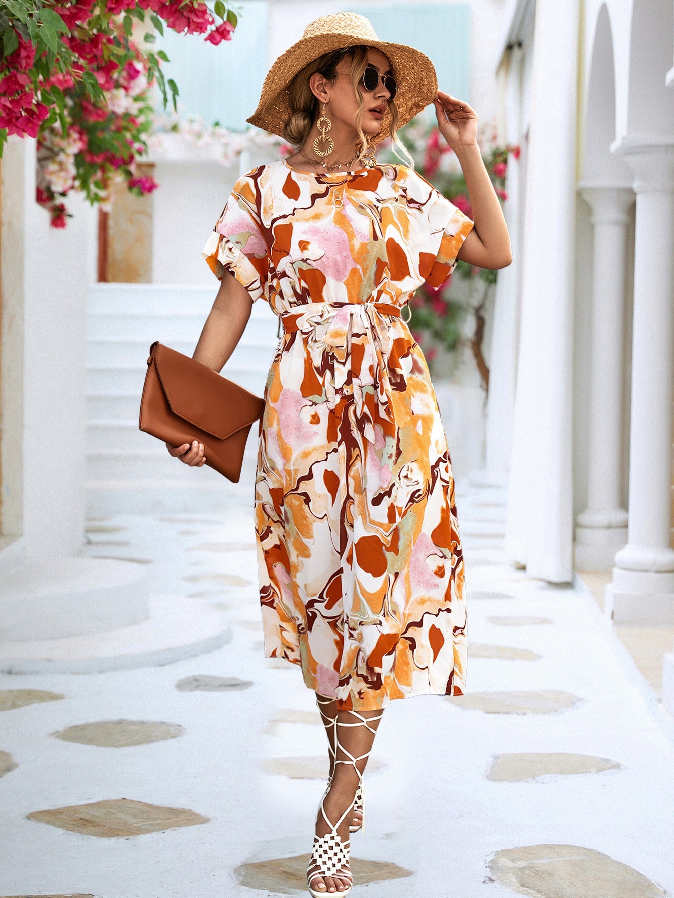 Damen Midi-Kleid mit modernem grafischem Muster und bequemem Taillengürtel WW