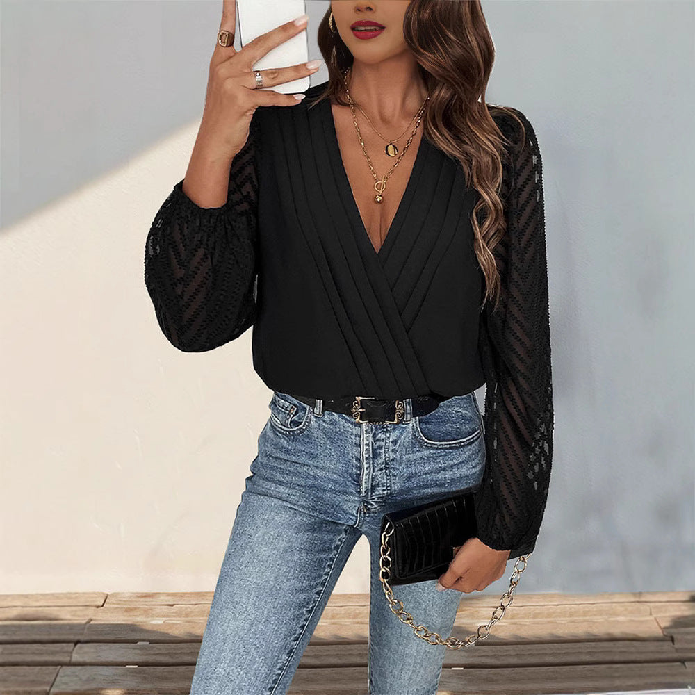 Damen elegantes Body mit voluminösen Ärmel und tiefem V-Ausschnitt WW
