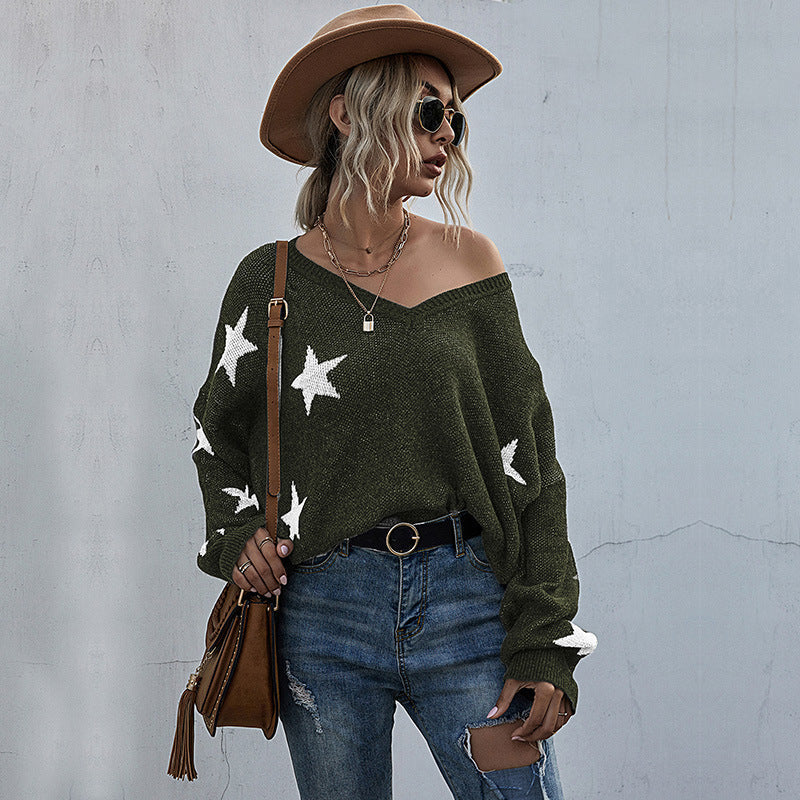 Damen lässiger Strickpullover mit asymmetrischem Schnitt und Sternenmuster WW