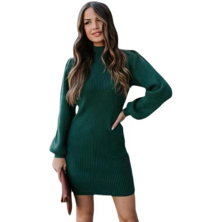Damen Strickkleid mit hohem Kragen und Puffärmeln WW