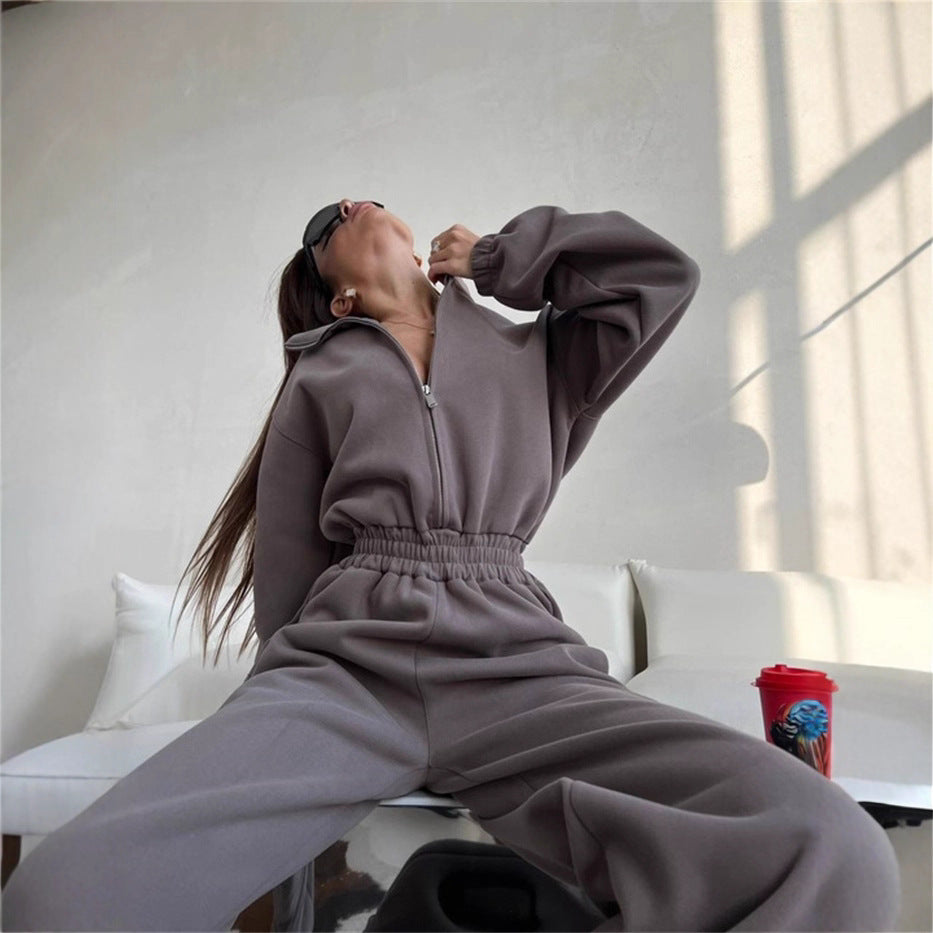 Damen sportlicher Fleece-Loungewear-Anzug mit hohem Kragen und elastischem Bund WW