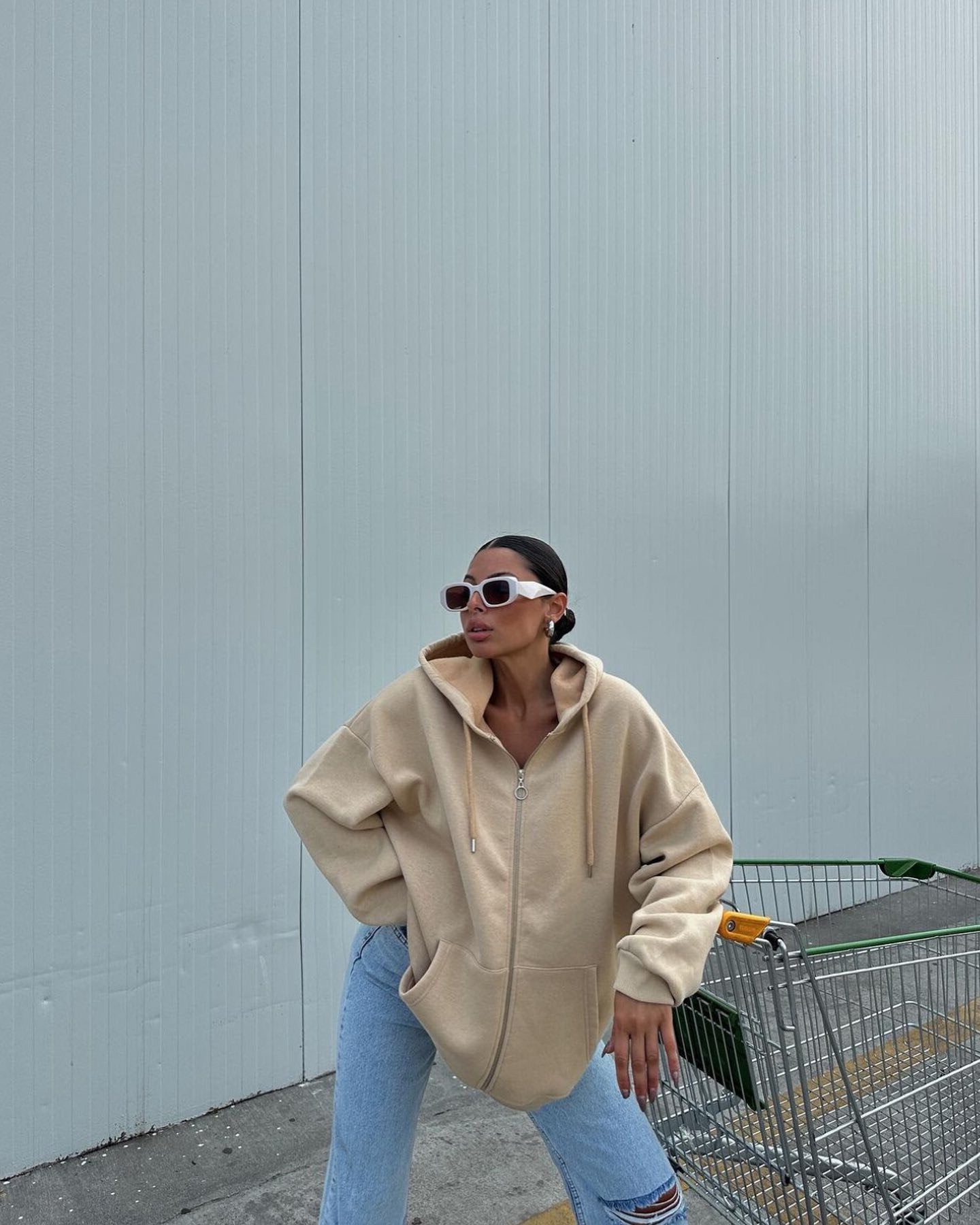 Damen oversized Kapuzenjacke mit durchgehendem Reißverschluss und Taschen WW