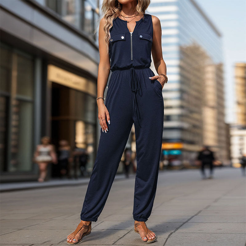 Damen Sportlicher Overall mit Reißverschluss und seitlichen Taschen WW