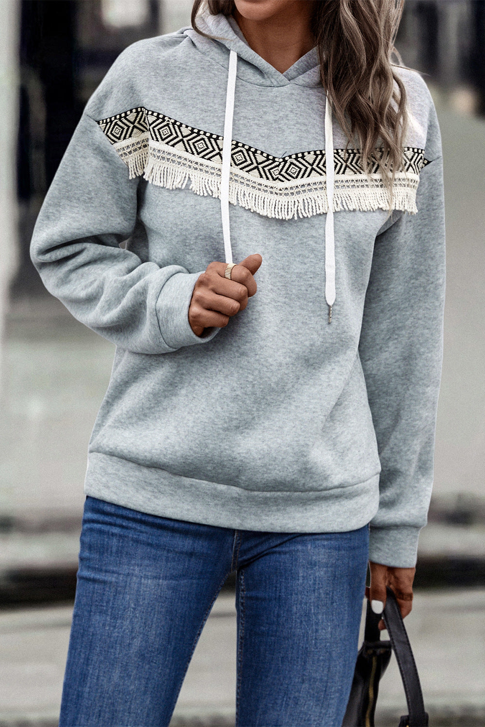 Damen Kapuzenpullover mit eleganter Fransenverzierung WW