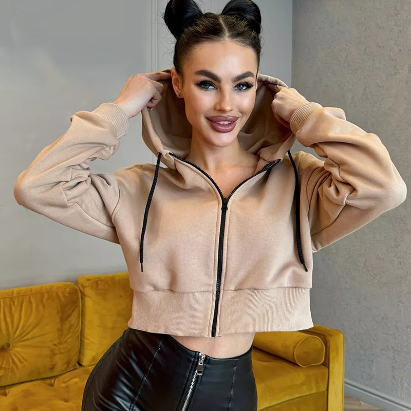 Damen lässiger Kurzarm Zip-Hoodie WW