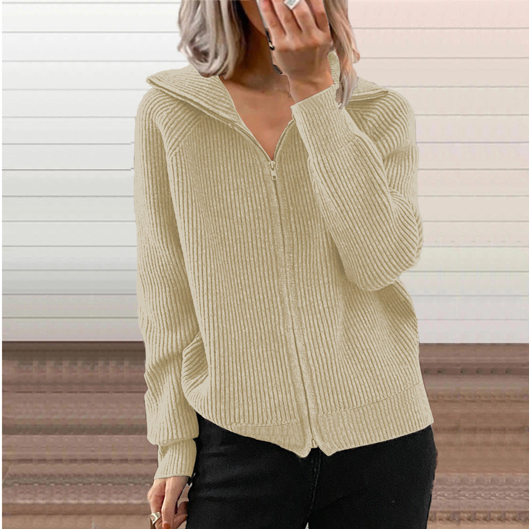 Damen bequeme Strickjacke mit hohem Kragen und durchgehendem Reißverschluss WW