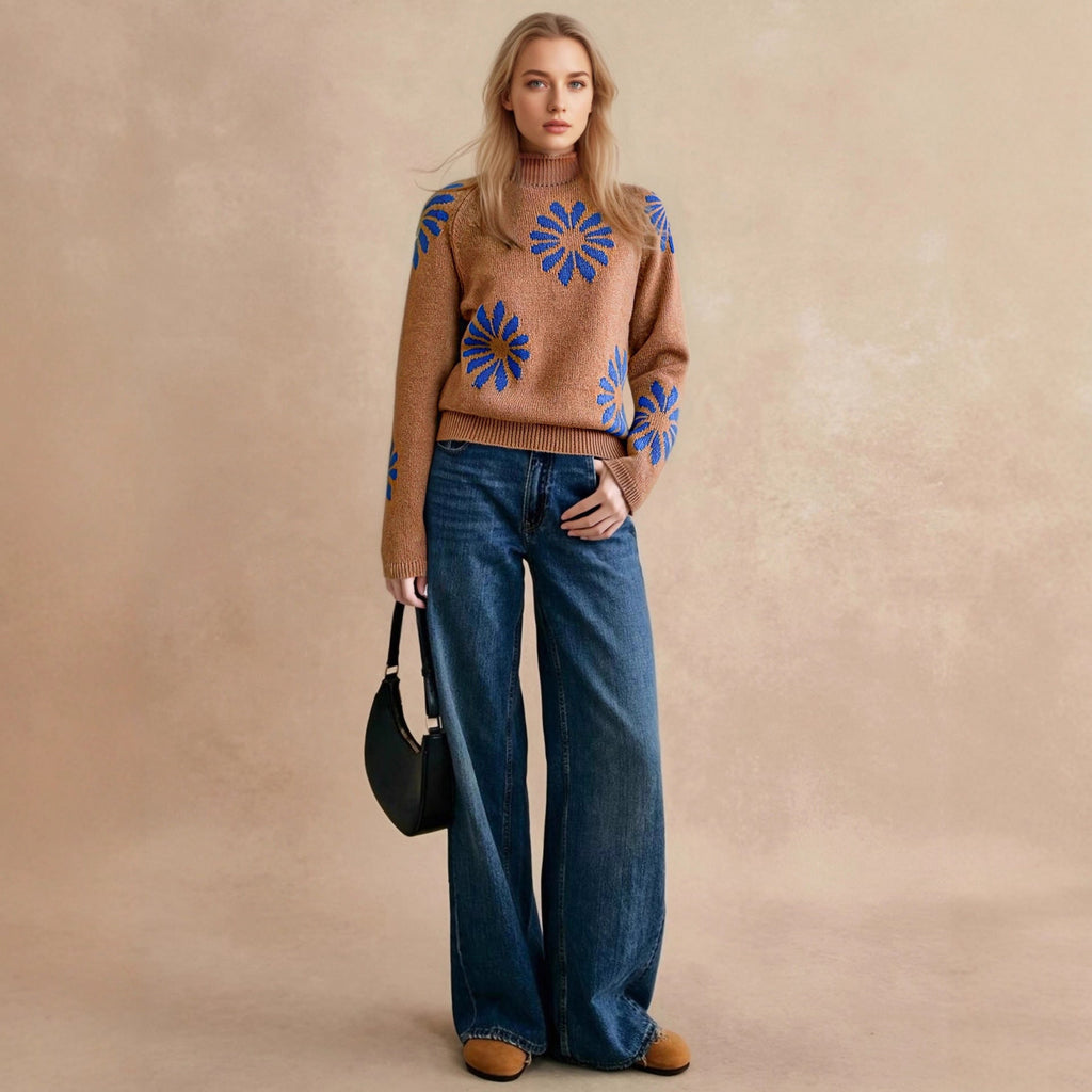 Damen farbenfroher Strickpullover mit floralem Muster WW