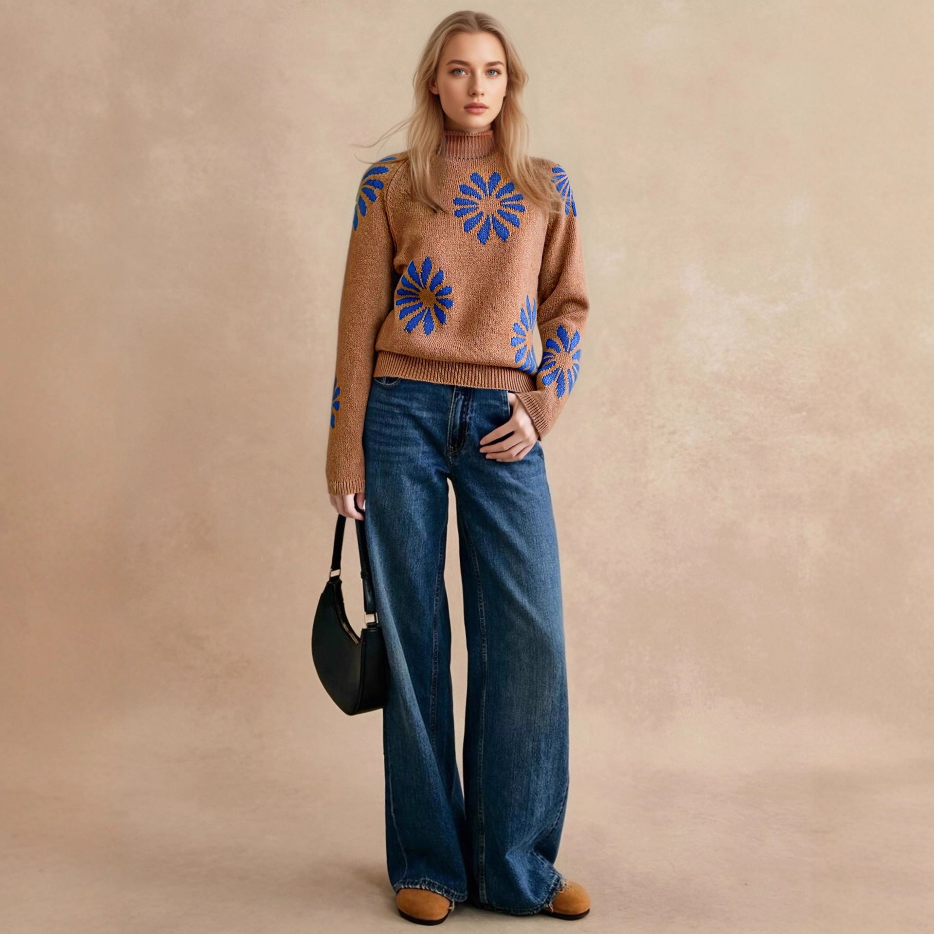 Damen farbenfroher Strickpullover mit floralem Muster WW