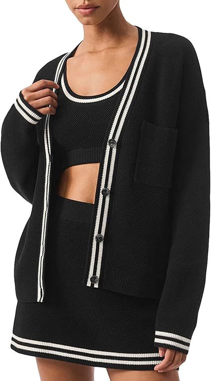 Damen lässiger Strickcardigan mit Kontraststreifen und Taschen WW
