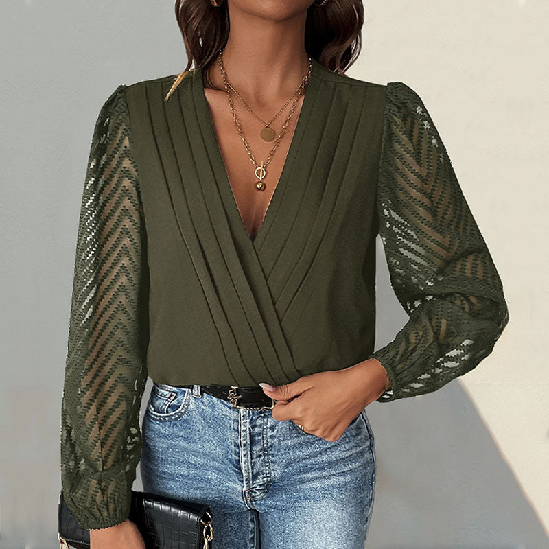 Damen elegantes Body mit voluminösen Ärmel und tiefem V-Ausschnitt WW