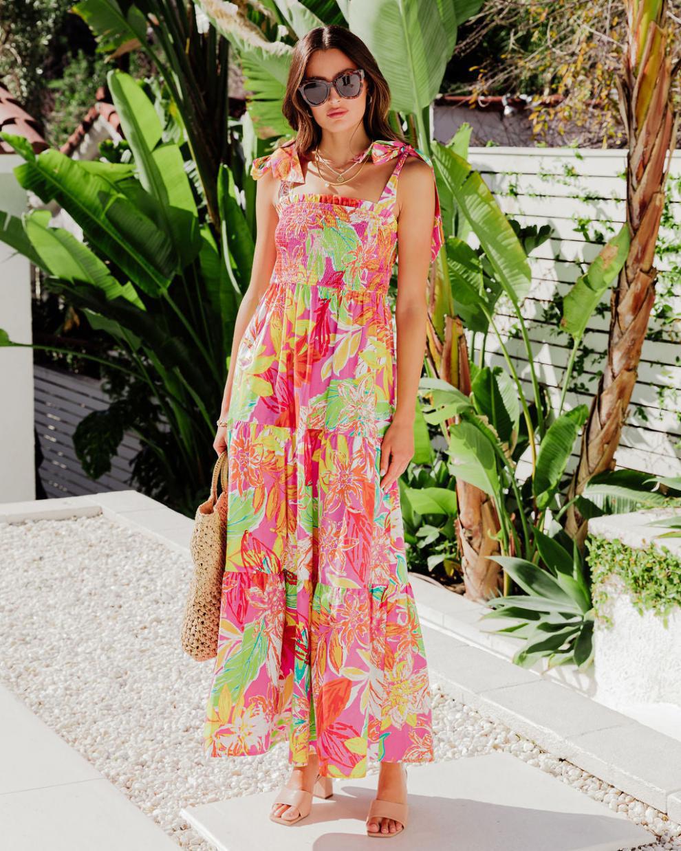 Damen Maxi-Kleid mit floralen Mustern und Trägerdetails WW